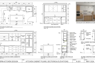 create detailed kitchen cabinet plans, section and elevation plans