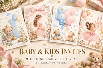 design baby milestone, baby shower invitation, gender reveal and kids party card
