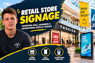 design retail store signage, shopping mall banners and advertising display