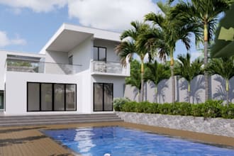 create 3d contemporary house facade,backyard pool design,balcony render,archicad