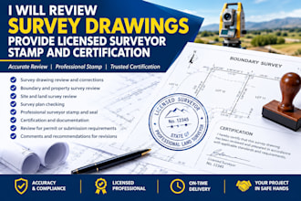 review survey drawings provide licensed surveyor stamp and certification
