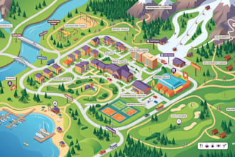 design custom resort map, vacation map, landscape map, area and wayfinding map
