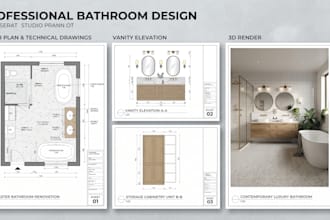 create bathroom design, floor plan, vanity design, and bathroom cabinet drawings