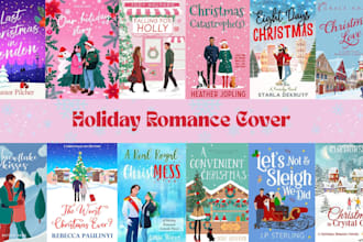 create a custom holiday romance book cover design, character illustration