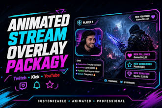 create pro animated stream overlay package for twitch, kick, youtube, streamers