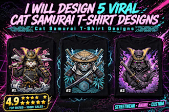 design 5 viral cat samurai gaming t shirt designs
