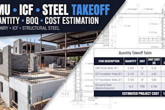 cmu,icf and structural steel quantity takeoff and cost estimation