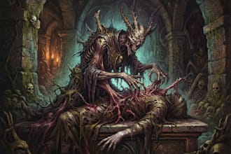 create detailed dark art, gore, creepy horror illustrations