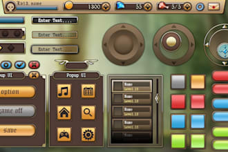 create 2d game UI, environments, hud, buttons, menus, inventory and rpg assets