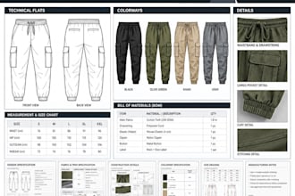 design a cargo jogger tech pack and technical drawing factory ready