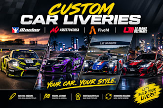design car liveries for iracing , asserto corsa, fivem car, le mans ultimate