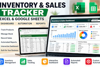 create excel google sheets inventory, sales tracker, dashboard and automation