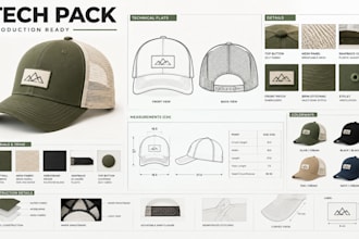 create cap tech pack for baseball, snapback trucker bucket hat, beanie tech pack
