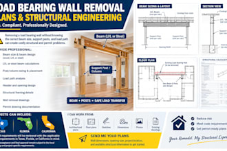 design load bearing wall removal plans beam sizing and structural permit drawing