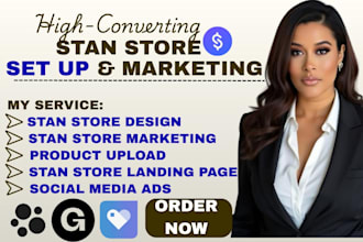 do stan store setup, product upload, landing page, stan store marketing