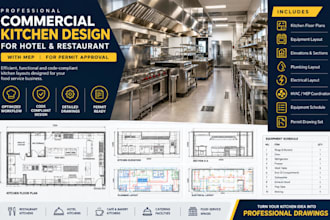 commercial kitchen design for hotel, restaurant with mep, for permit approval