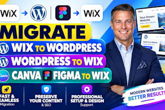migrate wix to wordpress, wordpress to wix, and figma canva designs to wix