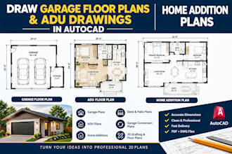 draw garage floor plans and adu drawings in autocad and home addition plans