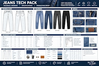 design jeans tech pack and technical drawing for production