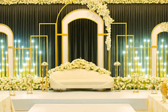 decorate 3d wedding backdrop design, floral arch wall, elegant banquet rendering