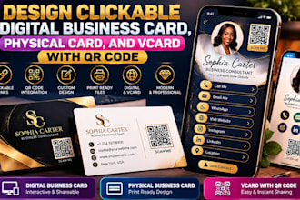 design clickable digital business card, physical card, and vcard with qr code
