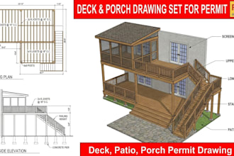 draw porch plans, front deck porch blueprint, permit drawings for construction