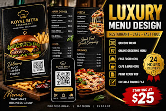 create luxury restaurant fast food menu with qr code and online ordering designs