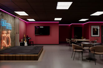 design a karaoke lounge, karaoke bar and entertainment space in 3d