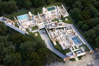 aerial render multi villa residential development,pool, 3d plan,garden landscape