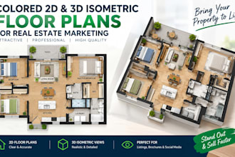 create colored 2d and 3d isometric floor plan for real estate marketing