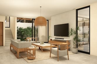 bohemian 3d apartment interior,living room, modern bedroom,island kitchen render