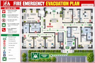 design fire emergency evacuation plan, fire escape  plan and safety map