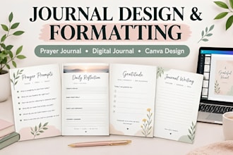 create journal design, prayer journal, digital journal and canva formatting