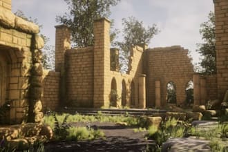 realistic 3d game environment, stylized level design, and 3d game assets