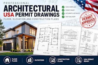 provide architectural USA permit drawing, floor, elevation and construction plan