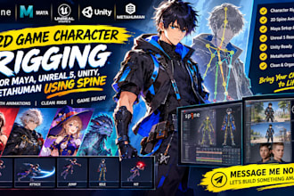 do 2d game character, rigging for maya, unreal 5, unity, metahuman using spine