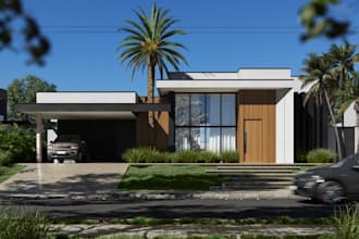 innovate 3d villa exterior, tropical landscape, poolside lounge, bungalow render