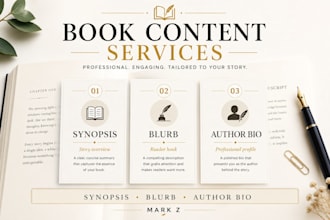 write a compelling book synopsis, blurb and author bio