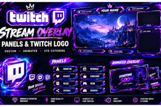 design animated twitch stream overlay, twitch panels and logo