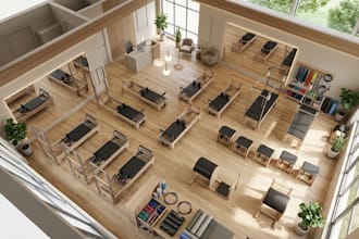 do cgi 3d yoga studio, yoga room, pilates, meditation and wellness space design
