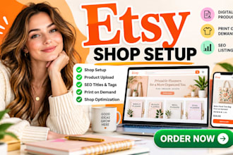 set up etsy shop, etsy digital products, etsy print on demand, etsy seo listings