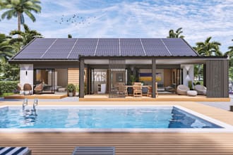 3d sustainable tropical villa,outdoor lounge,patio, solar panels,driveway render