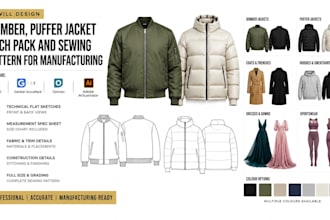 design bomber puffer jacket tech pack and sewing pattern for manufacturing