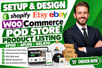 setup shopify etsy ebay woocommerce pod store product listing spod apliiq gelato
