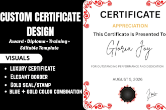 design custom certificate, award certificate, diploma and editable certificate