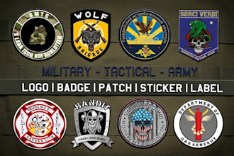 do military patch, tactical badge, army skull, and circular logo design