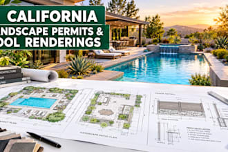 design california landscape permit drawings, pool rendering, patio, fence plans