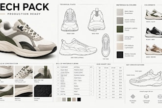 create sneaker tech pack, shoe tech pack, sandal, boots design for manufacturing