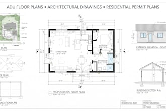 design architectural drawing, adu, 2d floor plans, city permit plans, blueprints