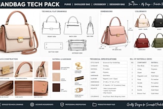 design handbag tech pack for purse, shoulder bag, crossbody and designer bag